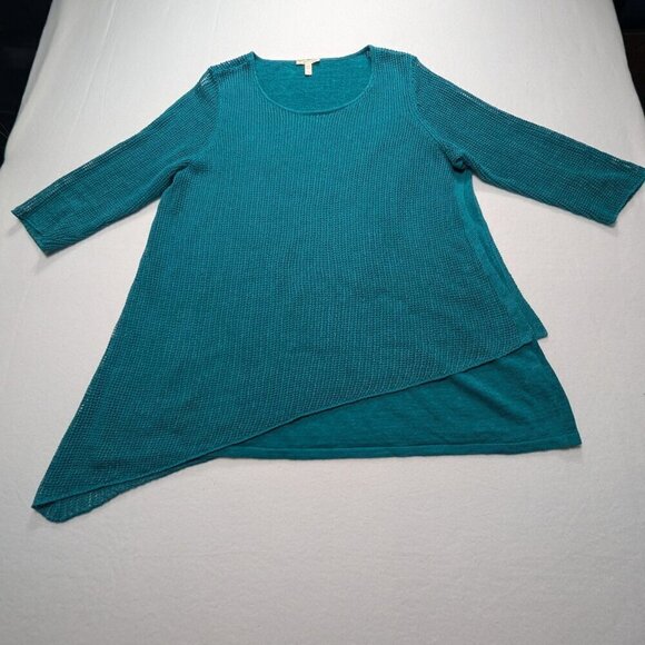 EILEEN FISHER Green 100 % Organic Linen Asymmetrical Open Knit SweateTunic Sz L - Picture 2 of 12